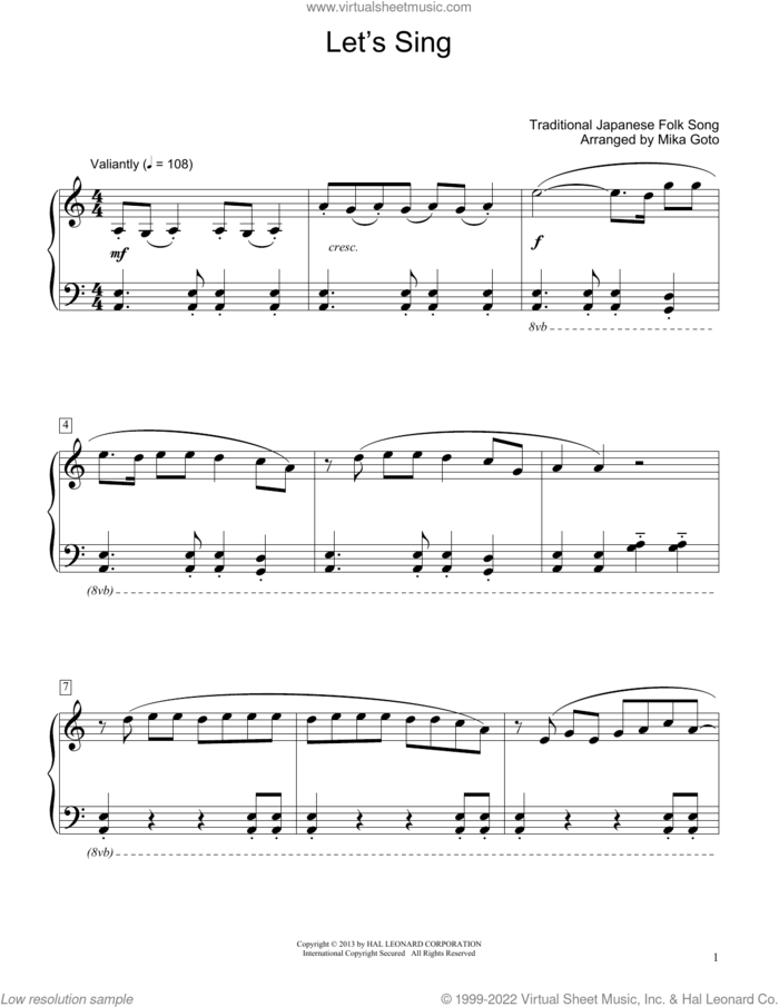 Let's Sing (arr. Mika Goto) sheet music for piano solo (elementary) by Traditional Japanese Folk Song and Mika Goto, beginner piano (elementary)