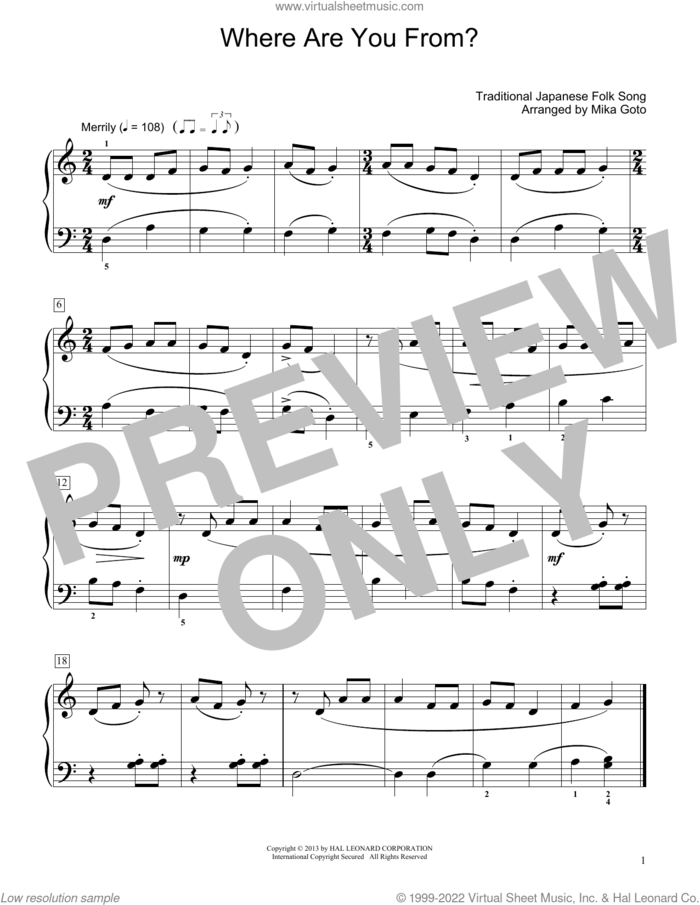 Where Are You From? (arr. Mika Goto) sheet music for piano solo (elementary) by Traditional Japanese Folk Song and Mika Goto, beginner piano (elementary)