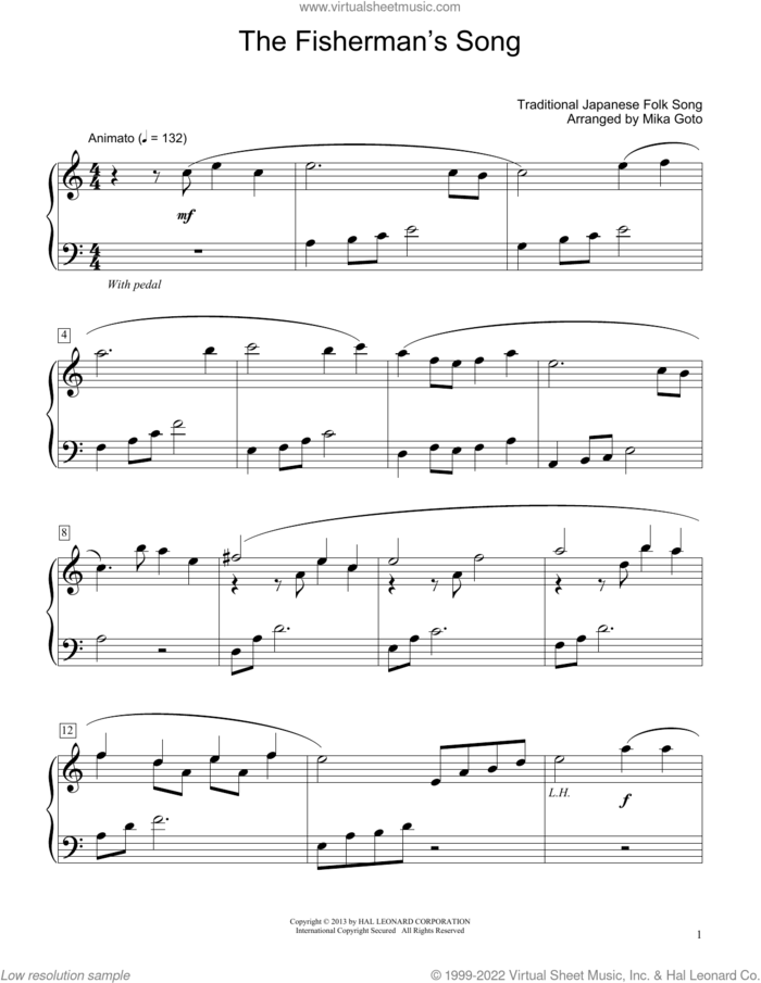 The Fisherman's Song (arr. Mika Goto) sheet music for piano solo (elementary) by Traditional Japanese Folk Song and Mika Goto, beginner piano (elementary)