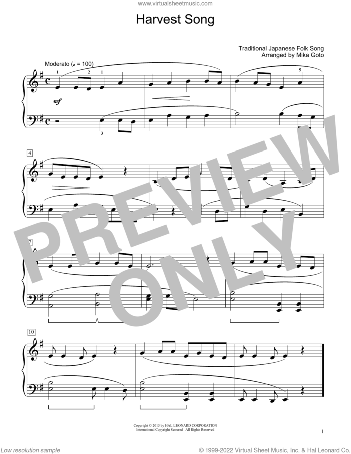 Harvest Song (arr. Mika Goto) sheet music for piano solo (elementary) by Traditional Japanese Folk Song and Mika Goto, beginner piano (elementary)