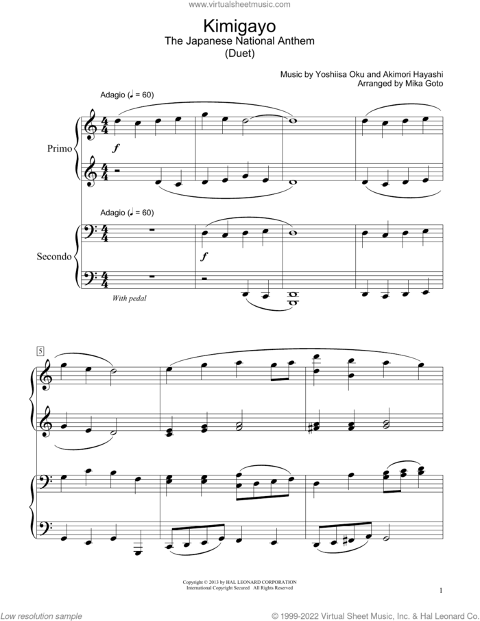Kimigayo (Japanese National Anthem) (arr. Mika Goto) sheet music for piano four hands by Akimori Hayashi, Mika Goto and Yoshiisa Oku, intermediate skill level