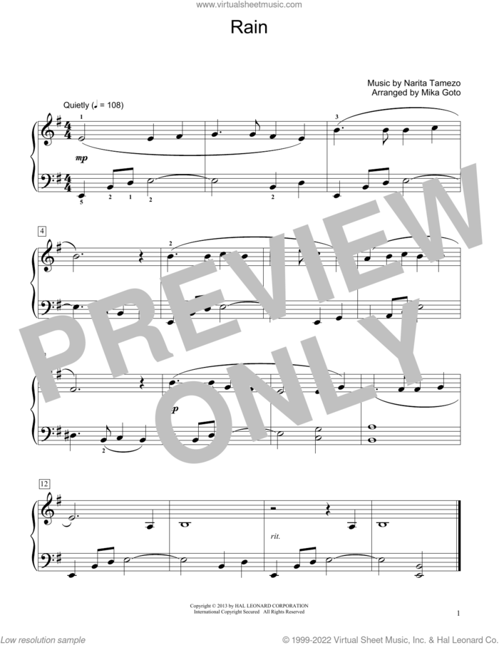 Rain (arr. Mika Goto) sheet music for piano solo (elementary) by Narita Tamezo and Mika Goto, beginner piano (elementary)