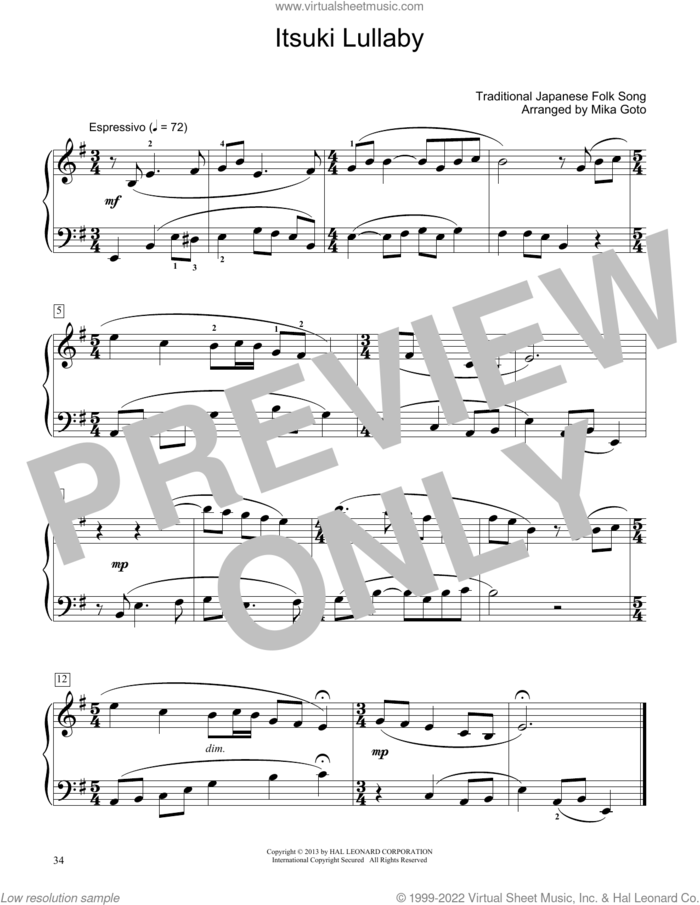 Itsuki Lullaby (arr. Mika Goto) sheet music for piano solo (elementary) by Traditional Japanese Folk Song and Mika Goto, beginner piano (elementary)