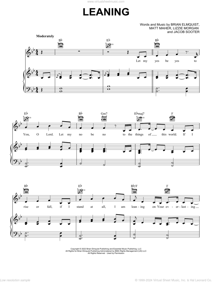 Leaning (feat. Lizzie Morgan) sheet music for voice, piano or guitar by Matt Maher, Brian Elmquist, Jacob Sooter and Lizzie Morgan, intermediate skill level
