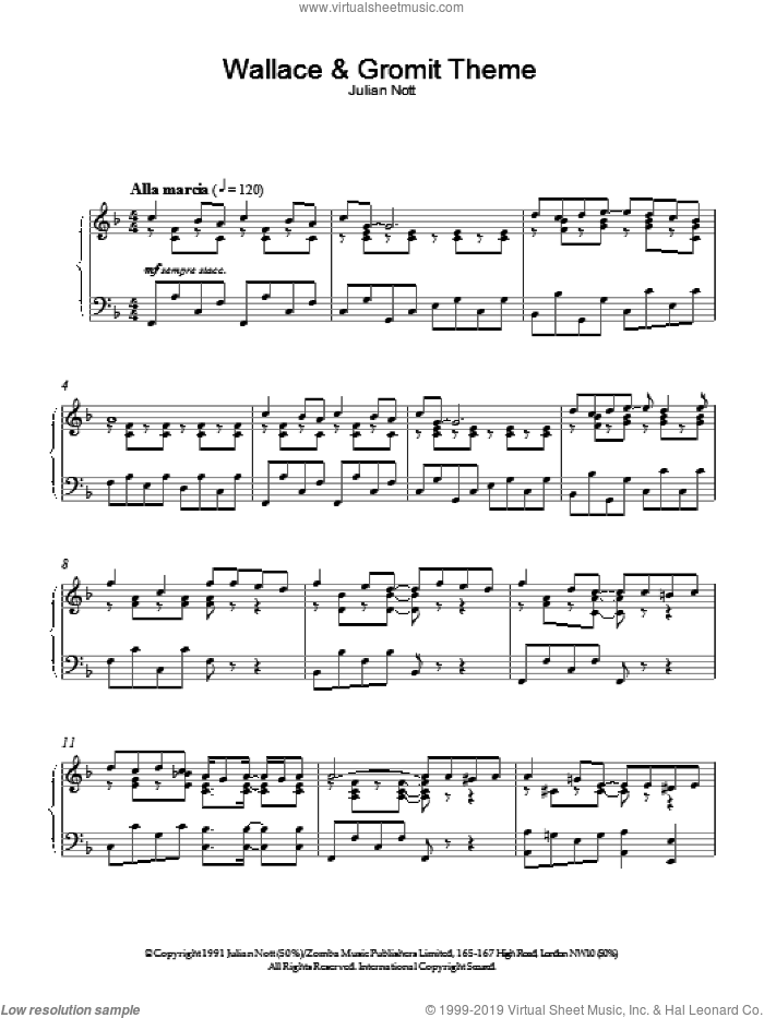 Wallace And Gromit Theme, (intermediate) sheet music for piano solo by Julian Nott, intermediate skill level
