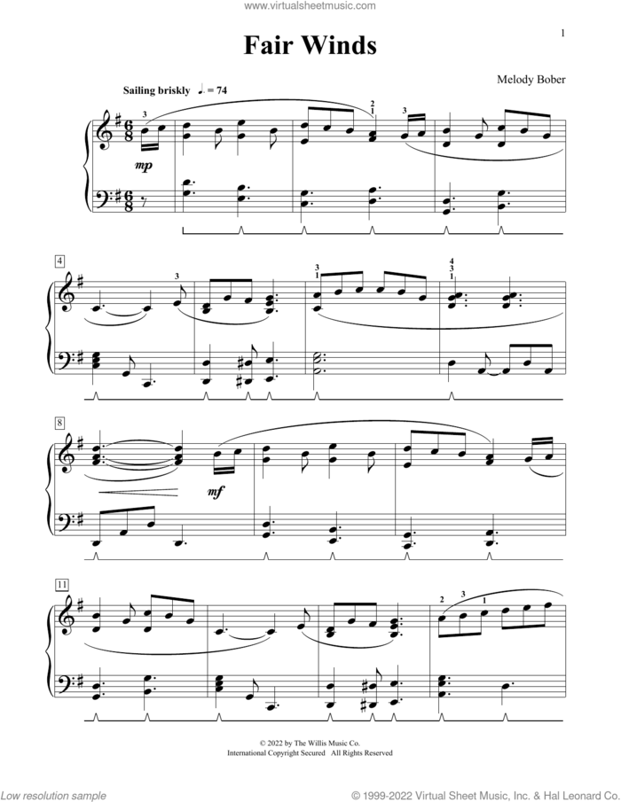 Fair Winds sheet music for piano solo (elementary) by Melody Bober, classical score, beginner piano (elementary)