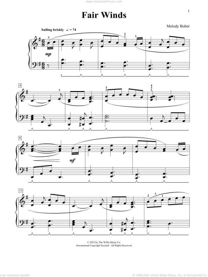 Fair Winds sheet music for piano solo (elementary) by Melody Bober, classical score, beginner piano (elementary)