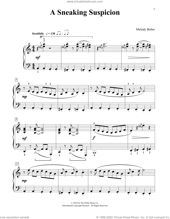 A Sneaking Suspicion sheet music for piano solo (elementary) by Melody Bober, classical score, beginner piano (elementary)