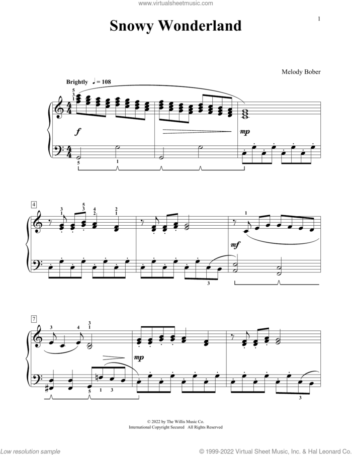 Snowy Wonderland sheet music for piano solo (elementary) by Melody Bober, classical score, beginner piano (elementary)