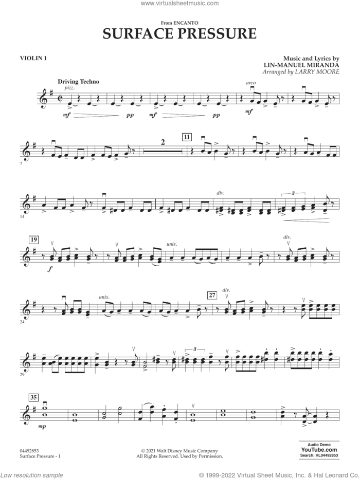 Surface Pressure (from Encanto) sheet music for orchestra (violin 1) by Lin-Manuel Miranda and Larry Moore, intermediate skill level