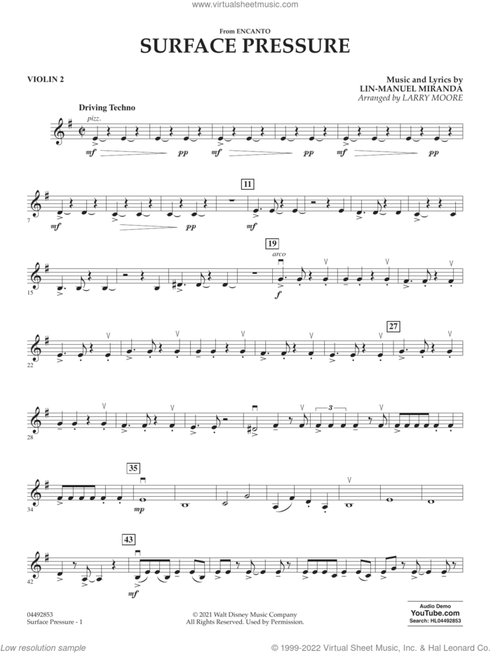 Surface Pressure (from Encanto) sheet music for orchestra (violin 2) by Lin-Manuel Miranda and Larry Moore, intermediate skill level