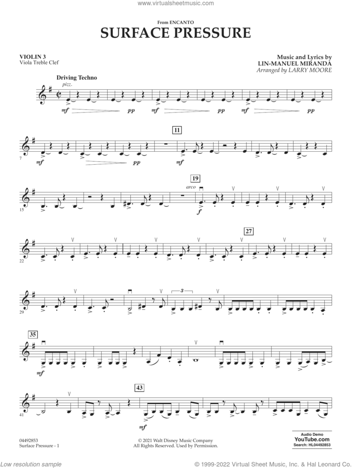 Surface Pressure (from Encanto) sheet music for orchestra (violin 3, viola treble clef) by Lin-Manuel Miranda and Larry Moore, intermediate skill level