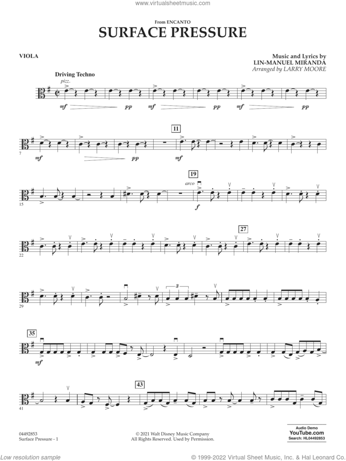 Surface Pressure (from Encanto) sheet music for orchestra (viola) by Lin-Manuel Miranda and Larry Moore, intermediate skill level