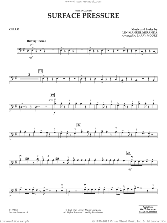 Surface Pressure (from Encanto) sheet music for orchestra (cello) by Lin-Manuel Miranda and Larry Moore, intermediate skill level