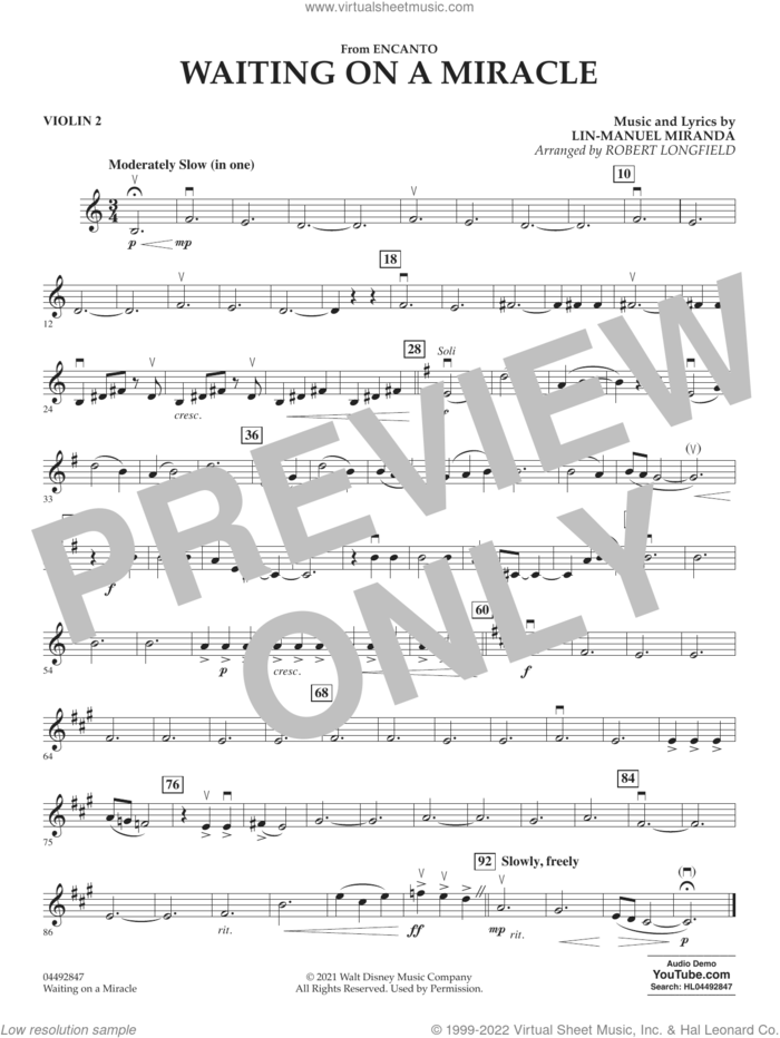 Waiting on a Miracle (from Encanto) sheet music for orchestra (violin 2) by Lin-Manuel Miranda and Robert Longfield, intermediate skill level