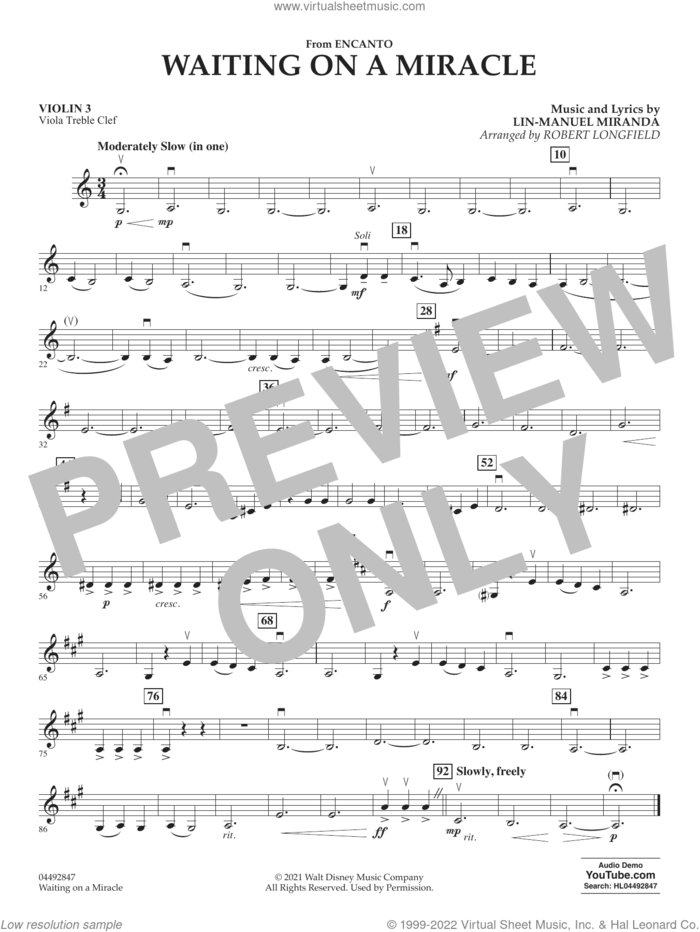 Waiting on a Miracle (from Encanto) sheet music for orchestra (violin 3, viola treble clef) by Lin-Manuel Miranda and Robert Longfield, intermediate skill level