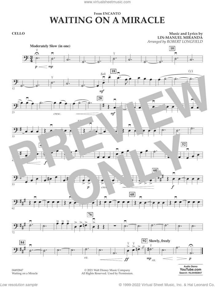 Waiting on a Miracle (from Encanto) sheet music for orchestra (cello) by Lin-Manuel Miranda and Robert Longfield, intermediate skill level