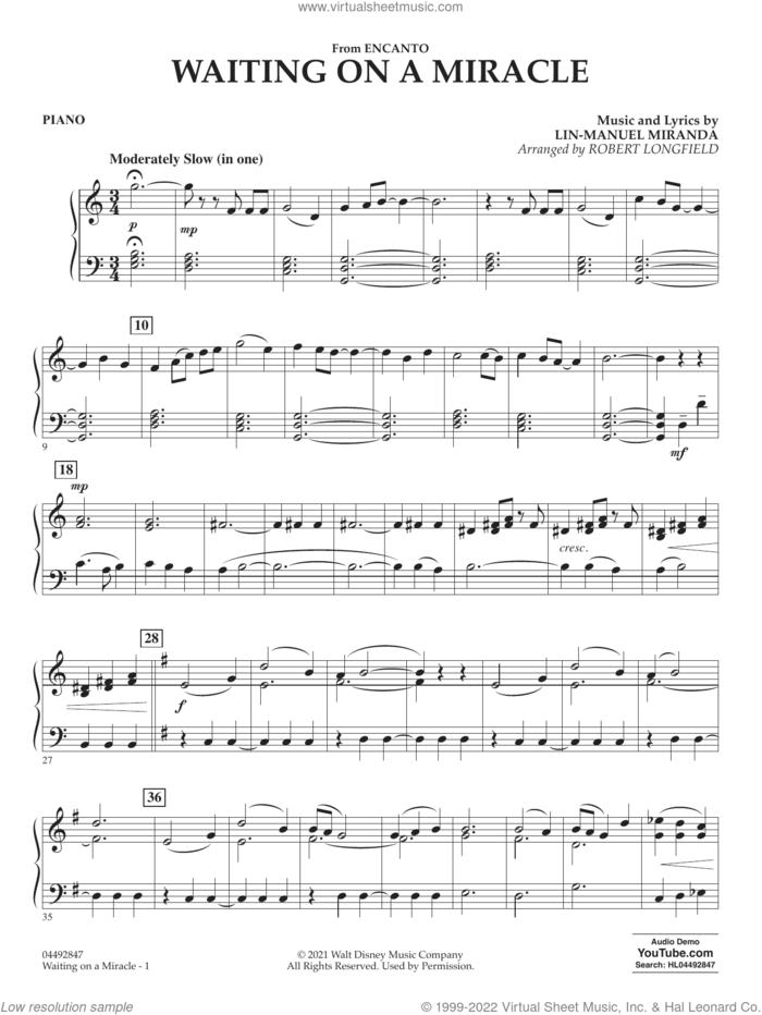 Waiting on a Miracle (from Encanto) sheet music for orchestra (piano) by Lin-Manuel Miranda and Robert Longfield, intermediate skill level