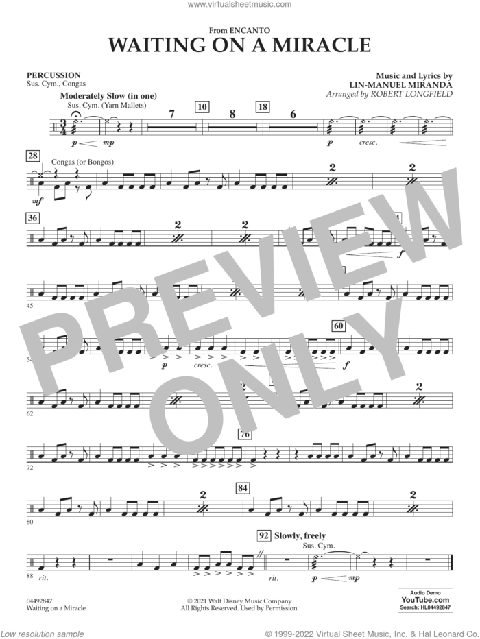 Waiting on a Miracle (from Encanto) sheet music for orchestra (percussion) by Lin-Manuel Miranda and Robert Longfield, intermediate skill level