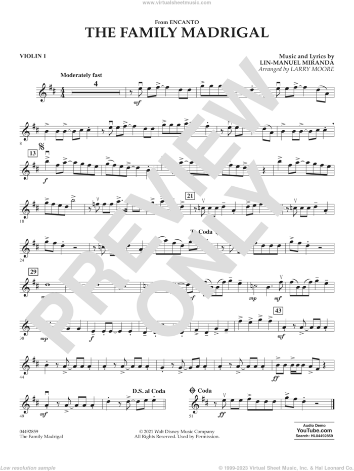 The Family Madrigal (from Encanto) sheet music for orchestra (violin 1) by Lin-Manuel Miranda and Larry Moore, intermediate skill level