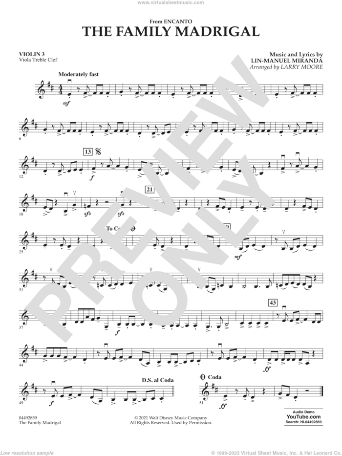 The Family Madrigal (from Encanto) sheet music for orchestra (violin 3, viola treble clef) by Lin-Manuel Miranda and Larry Moore, intermediate skill level