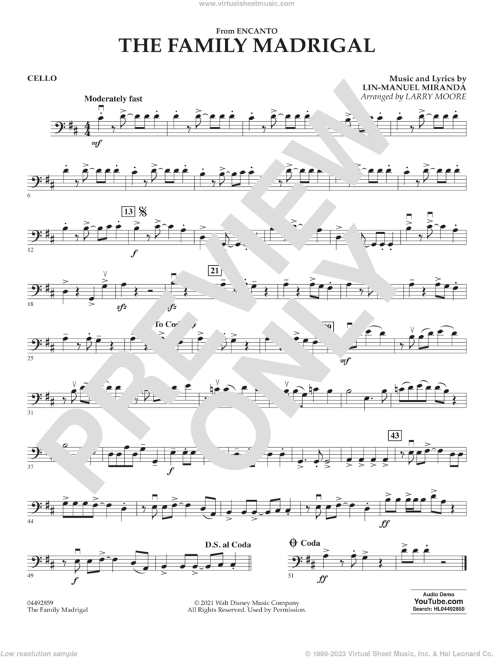The Family Madrigal (from Encanto) sheet music for orchestra (cello) by Lin-Manuel Miranda and Larry Moore, intermediate skill level