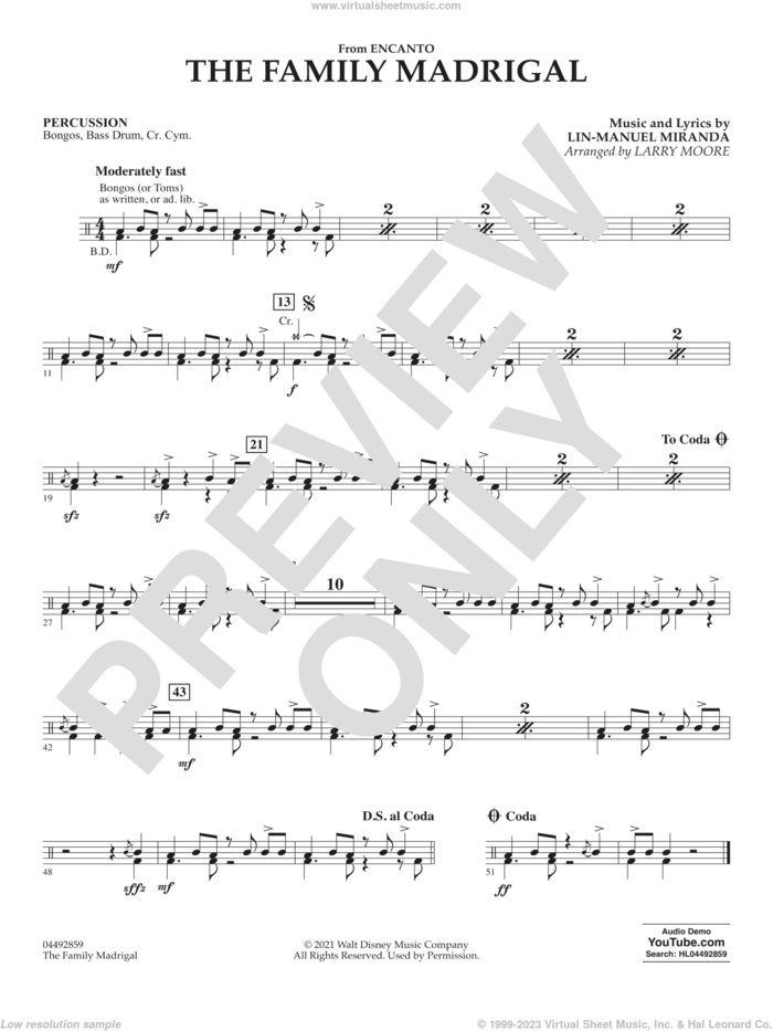 The Family Madrigal (from Encanto) sheet music for orchestra (percussion) by Lin-Manuel Miranda and Larry Moore, intermediate skill level