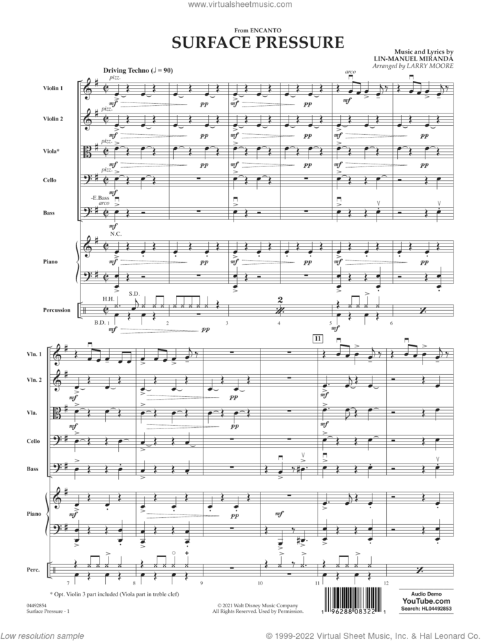 Surface Pressure (from Encanto) (arr. Larry Moore) (COMPLETE) sheet music for orchestra by Lin-Manuel Miranda and Larry Moore, intermediate skill level
