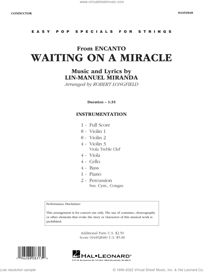 Waiting on a Miracle (from Encanto) (arr. Robert Longfield) (COMPLETE) sheet music for orchestra by Lin-Manuel Miranda and Robert Longfield, intermediate skill level