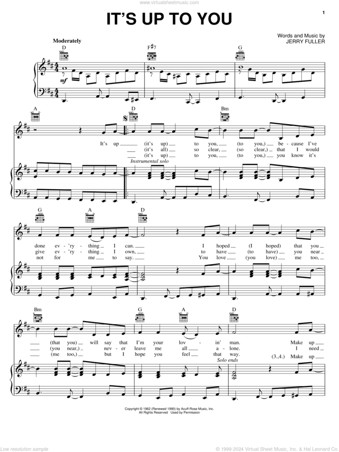 It's Up To You sheet music for voice, piano or guitar by Ricky Nelson and Jerry Fuller, intermediate skill level