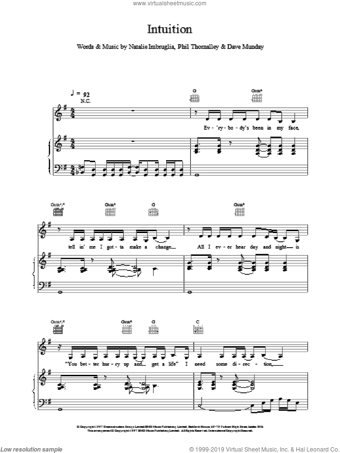 Intuition sheet music for voice, piano or guitar by Natalie Imbruglia, intermediate skill level