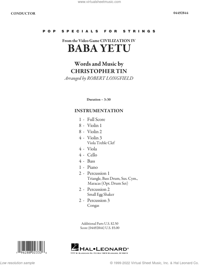 Baba Yetu (from Civilization IV) (arr. Robert Longfield) (COMPLETE) sheet music for orchestra by Robert Longfield and Christopher Tin, intermediate skill level