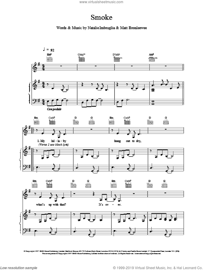 Smoke sheet music for voice, piano or guitar by Natalie Imbruglia, intermediate skill level