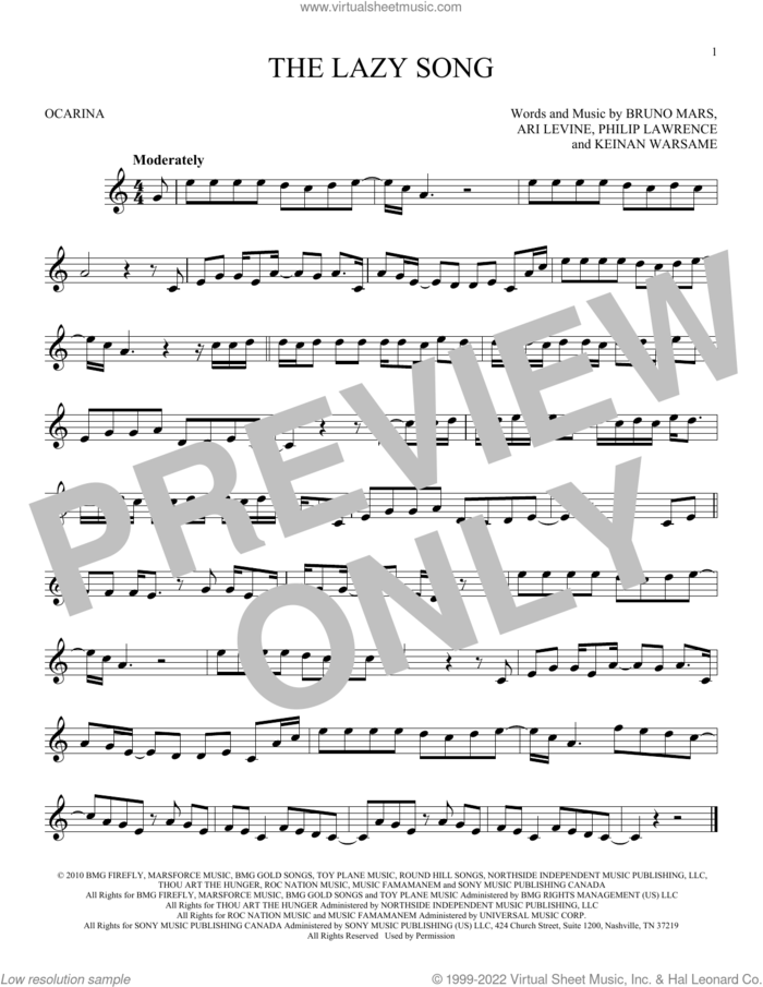 The Lazy Song sheet music for ocarina solo by Bruno Mars, Ari Levine, Keinan Warsame and Philip Lawrence, intermediate skill level
