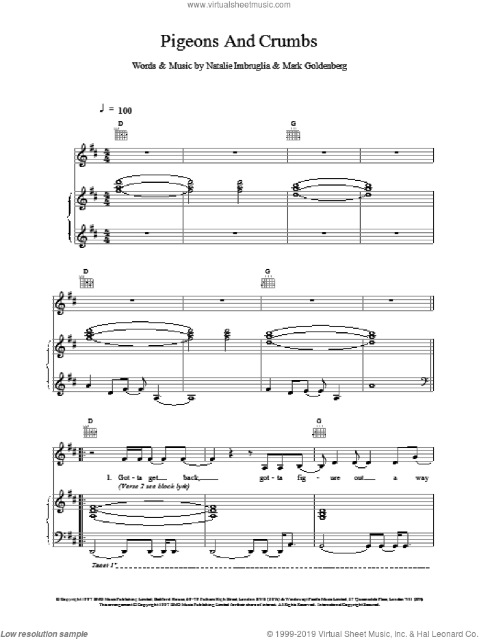 Pigeons And Crumbs sheet music for voice, piano or guitar by Natalie Imbruglia, intermediate skill level