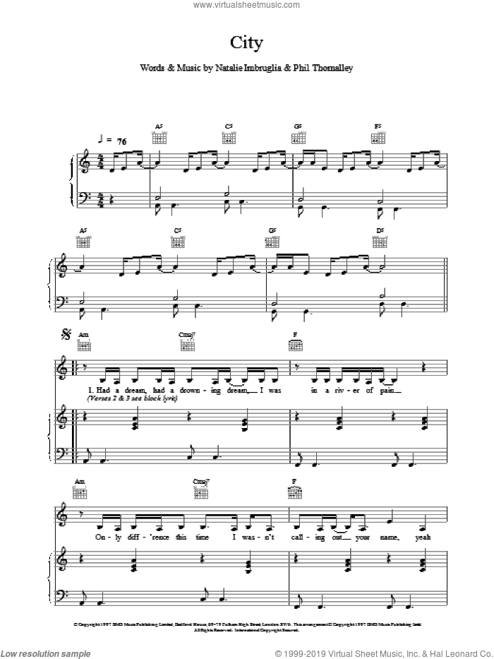 City sheet music for voice, piano or guitar by Natalie Imbruglia, intermediate skill level