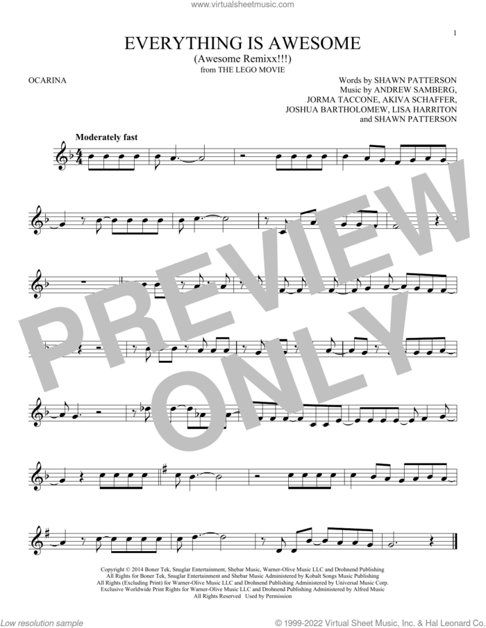 Everything Is Awesome (from The Lego Movie) (feat. The Lonely Island) sheet music for ocarina solo by Tegan and Sara, Akiva Schaffer, Andrew Samberg, Jorma Taccone, Joshua Bartholomew, Lisa Harriton and Shawn Patterson, intermediate skill level