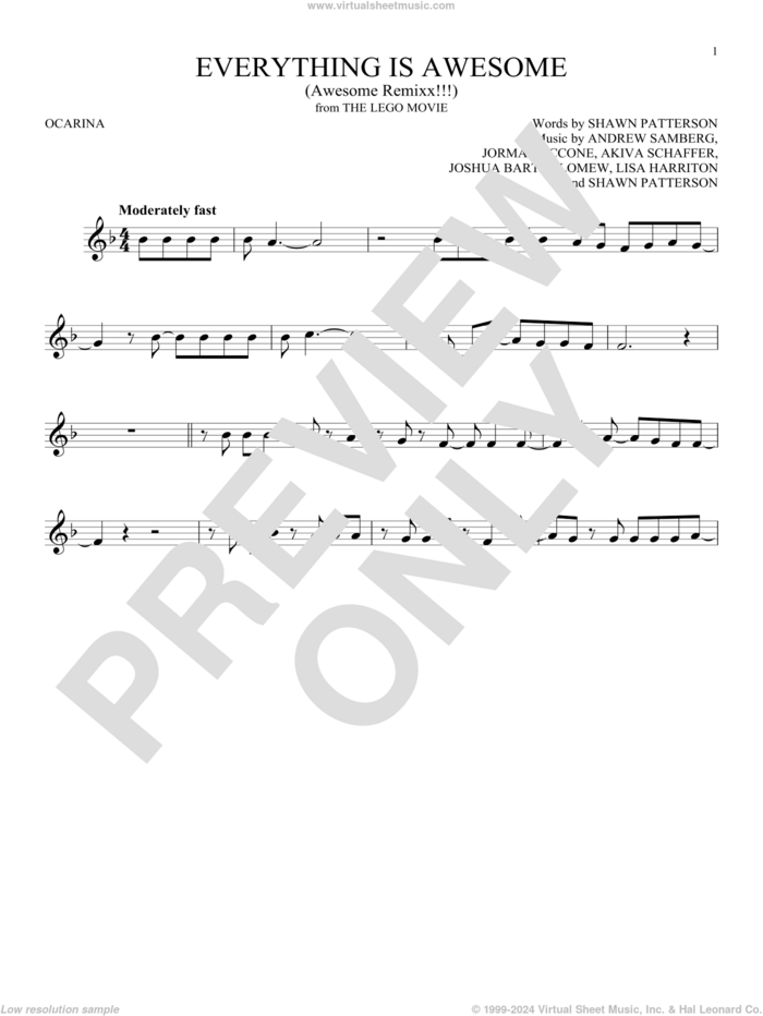 Everything Is Awesome (from The Lego Movie) (feat. The Lonely Island) sheet music for ocarina solo by Tegan and Sara, Akiva Schaffer, Andrew Samberg, Jorma Taccone, Joshua Bartholomew, Lisa Harriton and Shawn Patterson, intermediate skill level