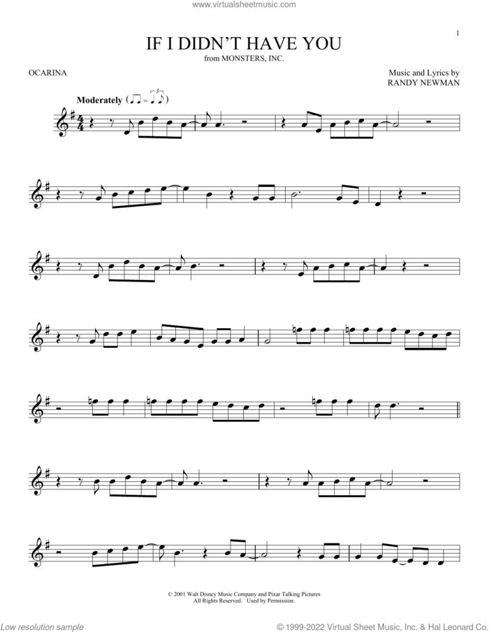 If I Didn't Have You (from Monsters, Inc.) sheet music for ocarina solo by Billy Crystal and John Goodman and Randy Newman, intermediate skill level