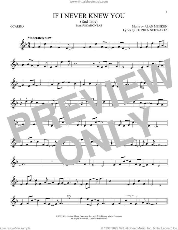 If I Never Knew You (End Title) (from Pocahontas) sheet music for ocarina solo by Jon Secada and Shanice, Alan Menken and Stephen Schwartz, intermediate skill level