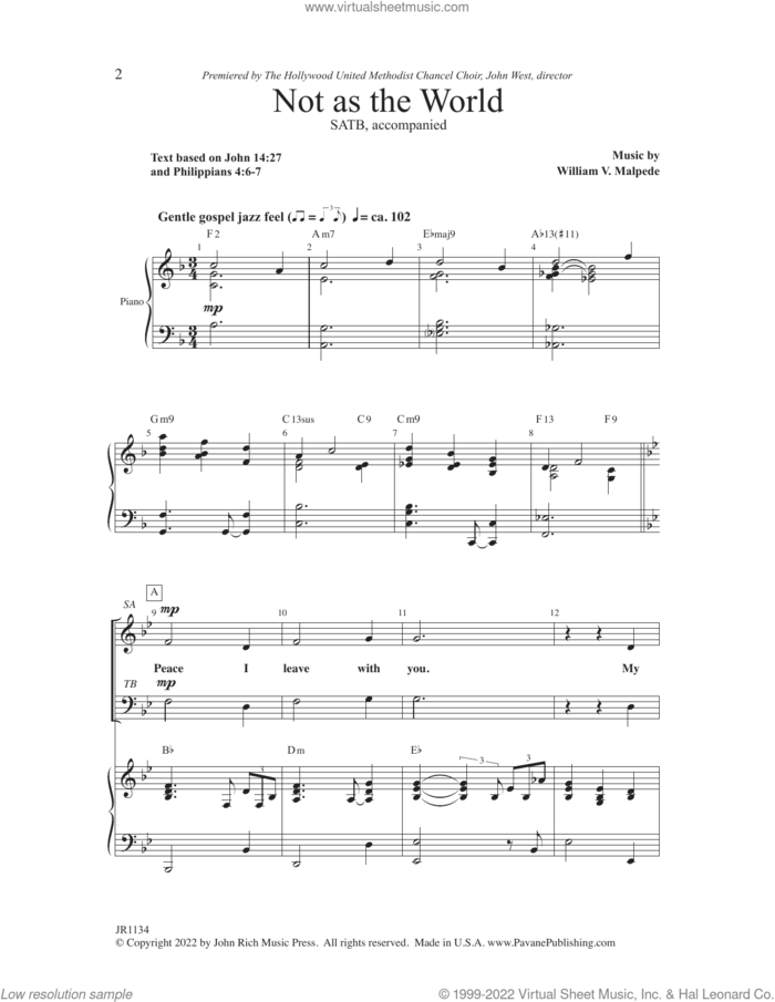 Not as the World sheet music for choir (SATB: soprano, alto, tenor, bass) by William V. Malpede, intermediate skill level