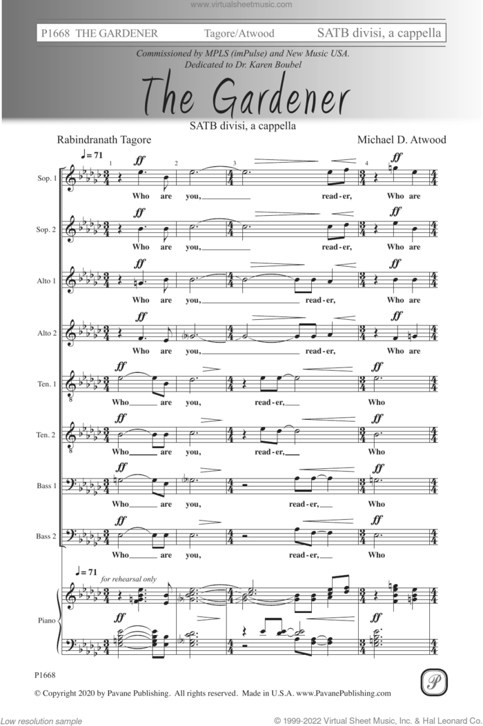 The Gardener sheet music for choir (SATB: soprano, alto, tenor, bass) by Michael D. Atwood, Rabindranath Tagore and Rabindranath Tagore and Michael D. Atwood, intermediate skill level
