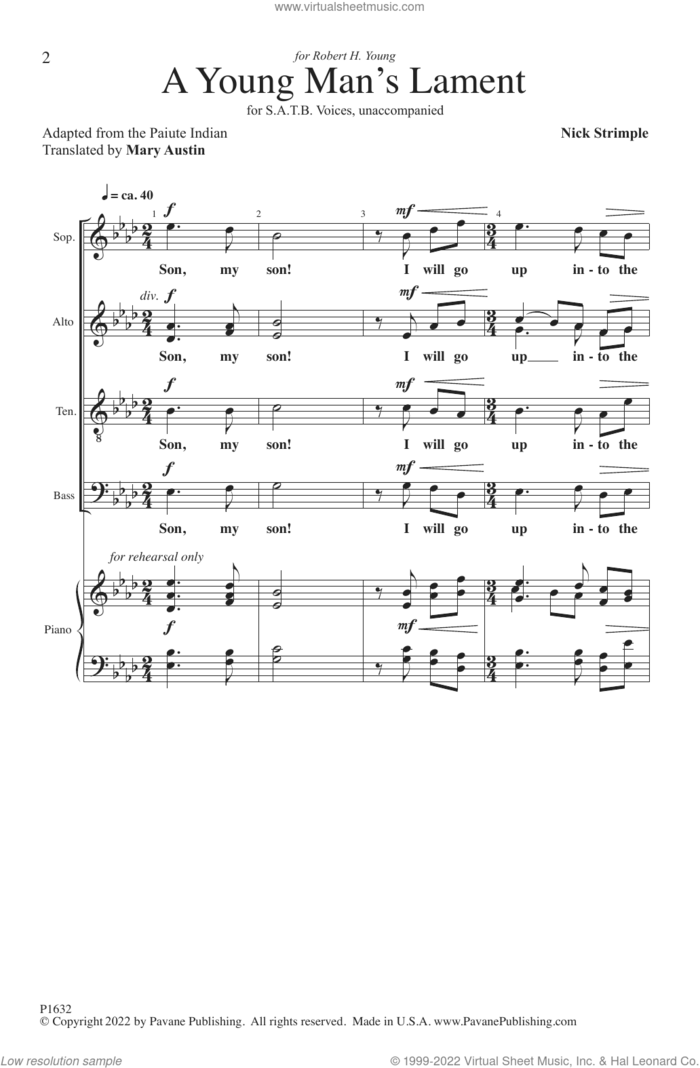 A Young Man's Lament sheet music for choir (SATB: soprano, alto, tenor, bass) by Nick Strimple, intermediate skill level