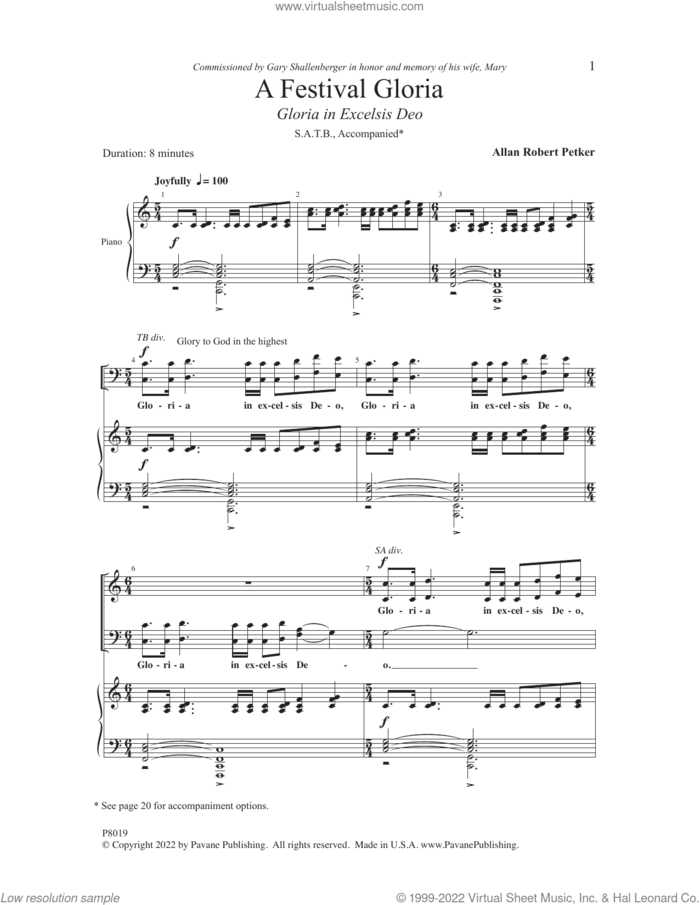 A Festival Gloria (Gloria In Excelsis Deo) sheet music for choir (SATB: soprano, alto, tenor, bass) by Allan Robert Petker, intermediate skill level