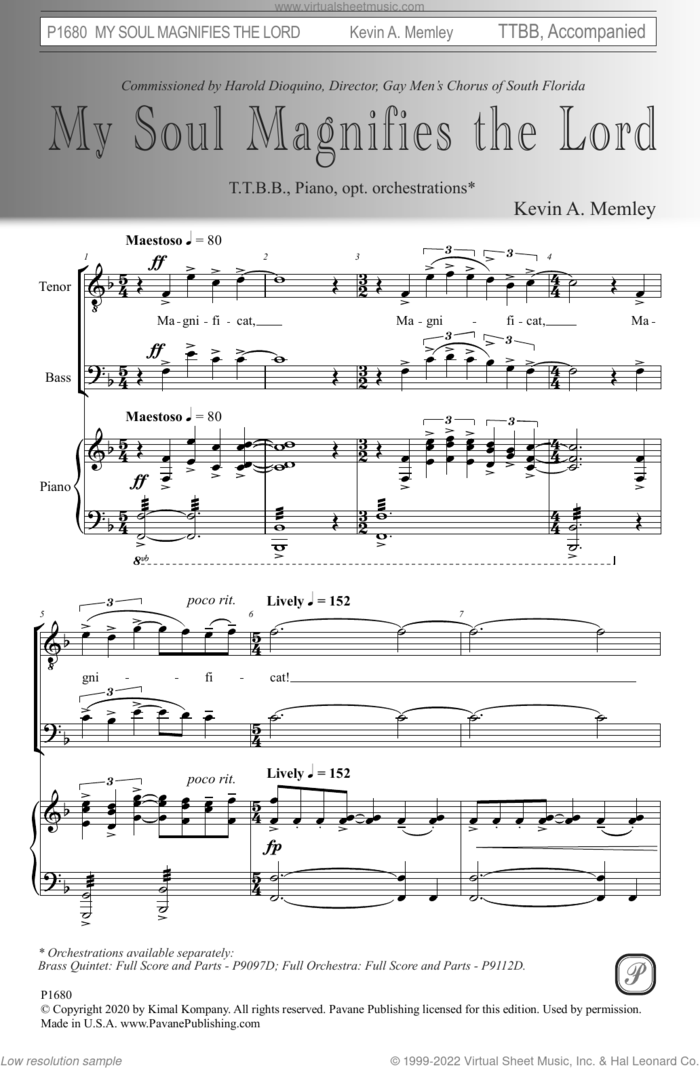My Soul Magnifies the Lord sheet music for choir (TTBB: tenor, bass) by Kevin A. Memley, intermediate skill level