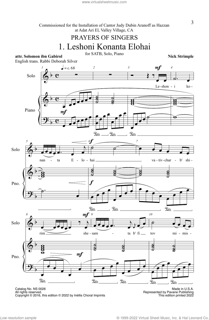 Leshoni Konanta Elohai sheet music for choir (SATB: soprano, alto, tenor, bass) by Nick Strimple and Solomon ibn Gabirol, intermediate skill level