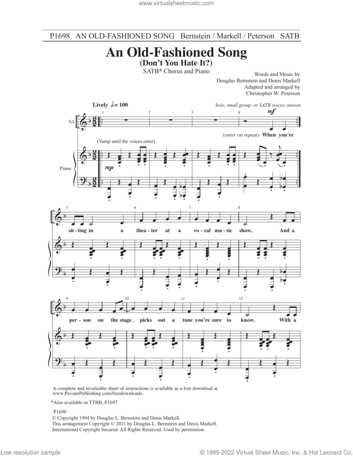 An Old-Fashioned Song (Don't You Hate It?) (arr. Christopher Peterson) sheet music for choir (SATB: soprano, alto, tenor, bass) by Douglas Bernstein and Denis Markell, Christopher Peterson, Denis Markell and Douglas Bernstein, intermediate skill level