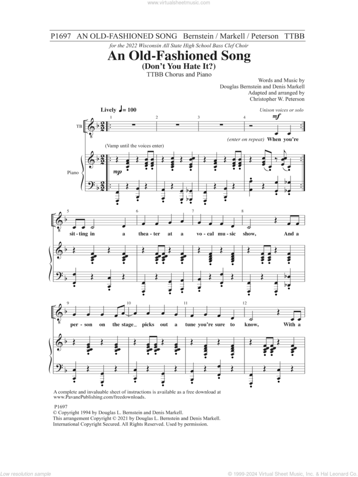 An Old-Fashioned Song (Don't You Hate It?) (arr. Christopher Peterson) sheet music for choir (TTBB: tenor, bass) by Douglas Bernstein and Denis Markell, Christopher Peterson, Denis Markell and Douglas Bernstein, intermediate skill level