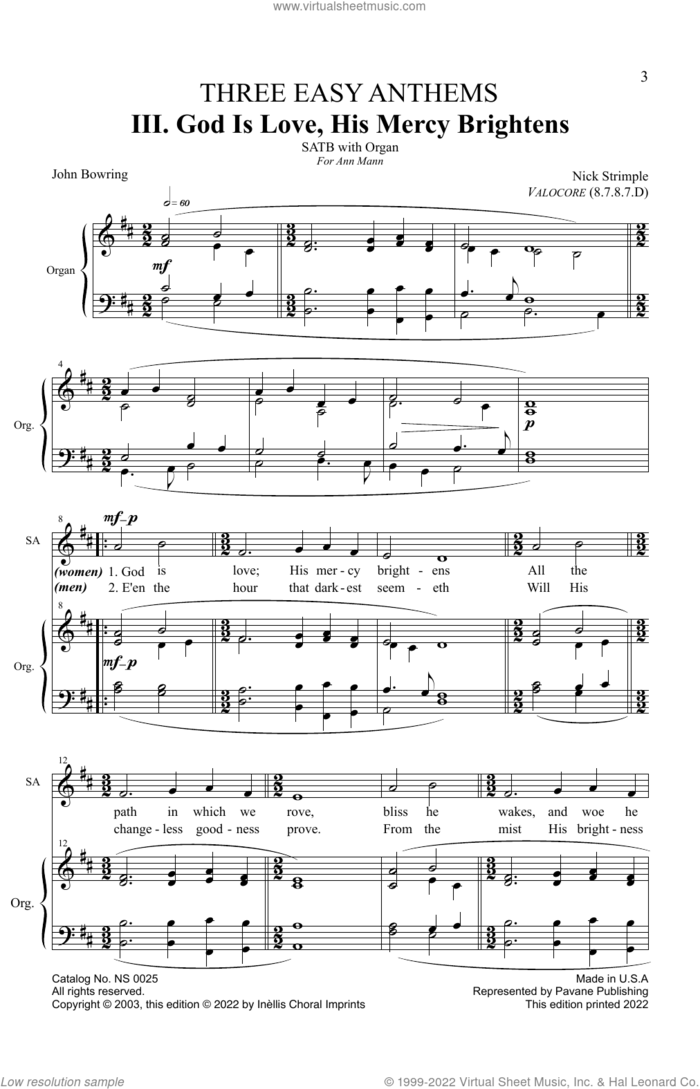 God is Love, His Mercy Brightens sheet music for choir (SATB: soprano, alto, tenor, bass) by Nick Strimple and John Bowring, intermediate skill level