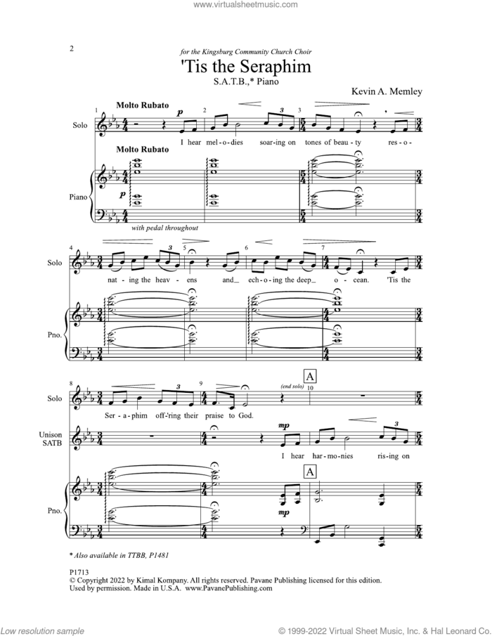 'Tis the Seraphim sheet music for choir (SATB: soprano, alto, tenor, bass) by Kevin A. Memley, intermediate skill level